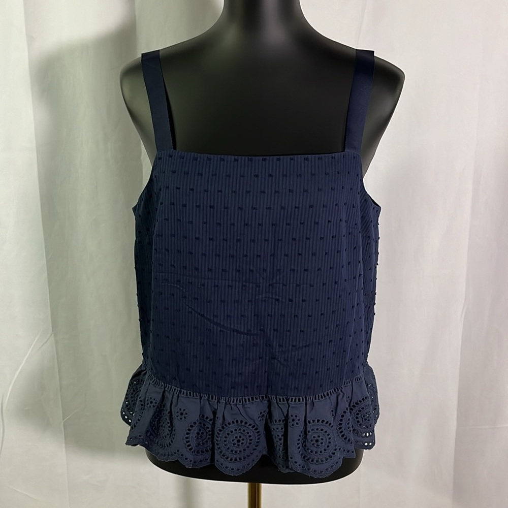 NWT J. Crew Factory Navy Swiss Dot Sleeveless Peplum Hem Blouse